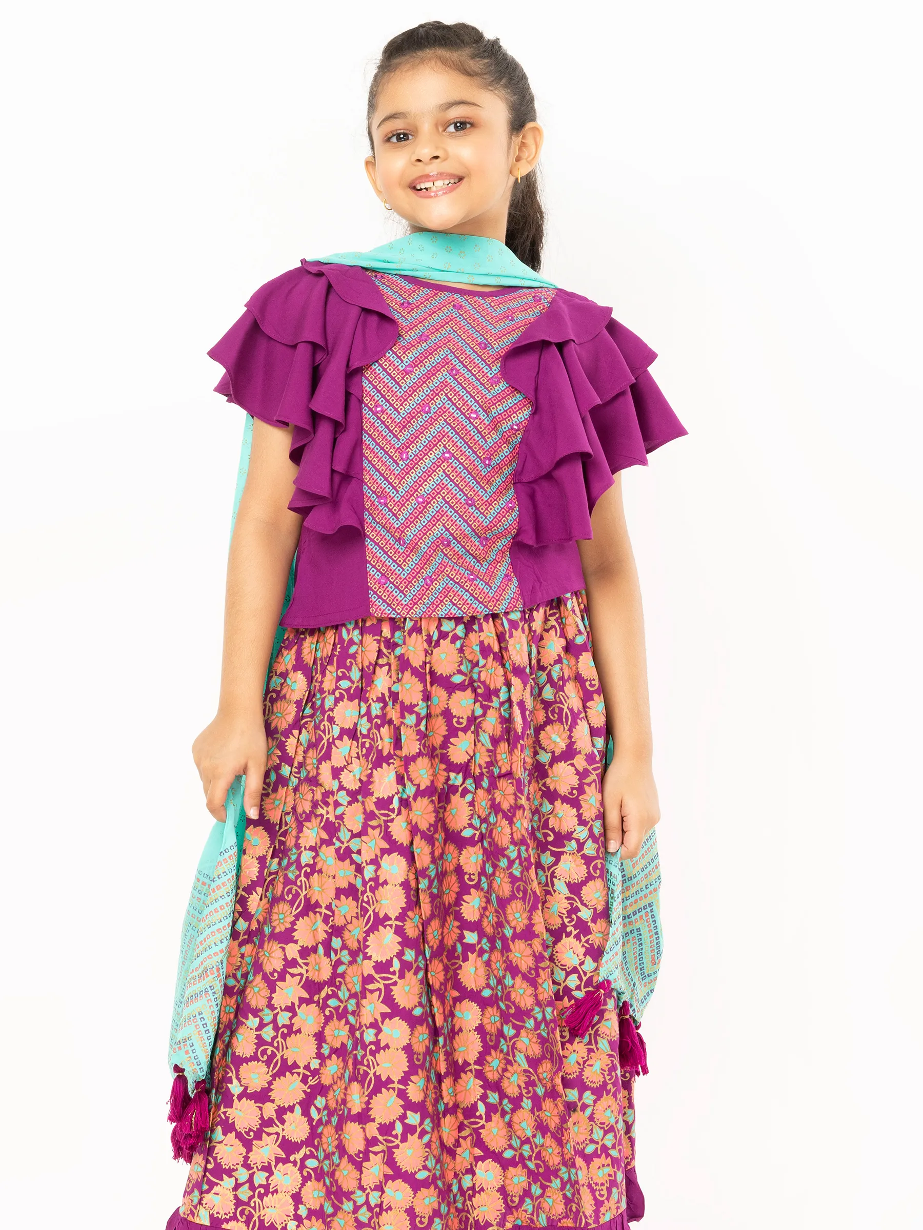 Purple Printed and Embroidered Linen Ghagra Choli Set